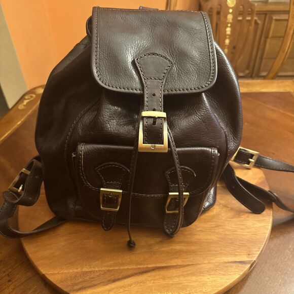 Vera Pelle Large Brown Leather Backpack Drawstring Many Pockets 10” X 5 “ X 13”